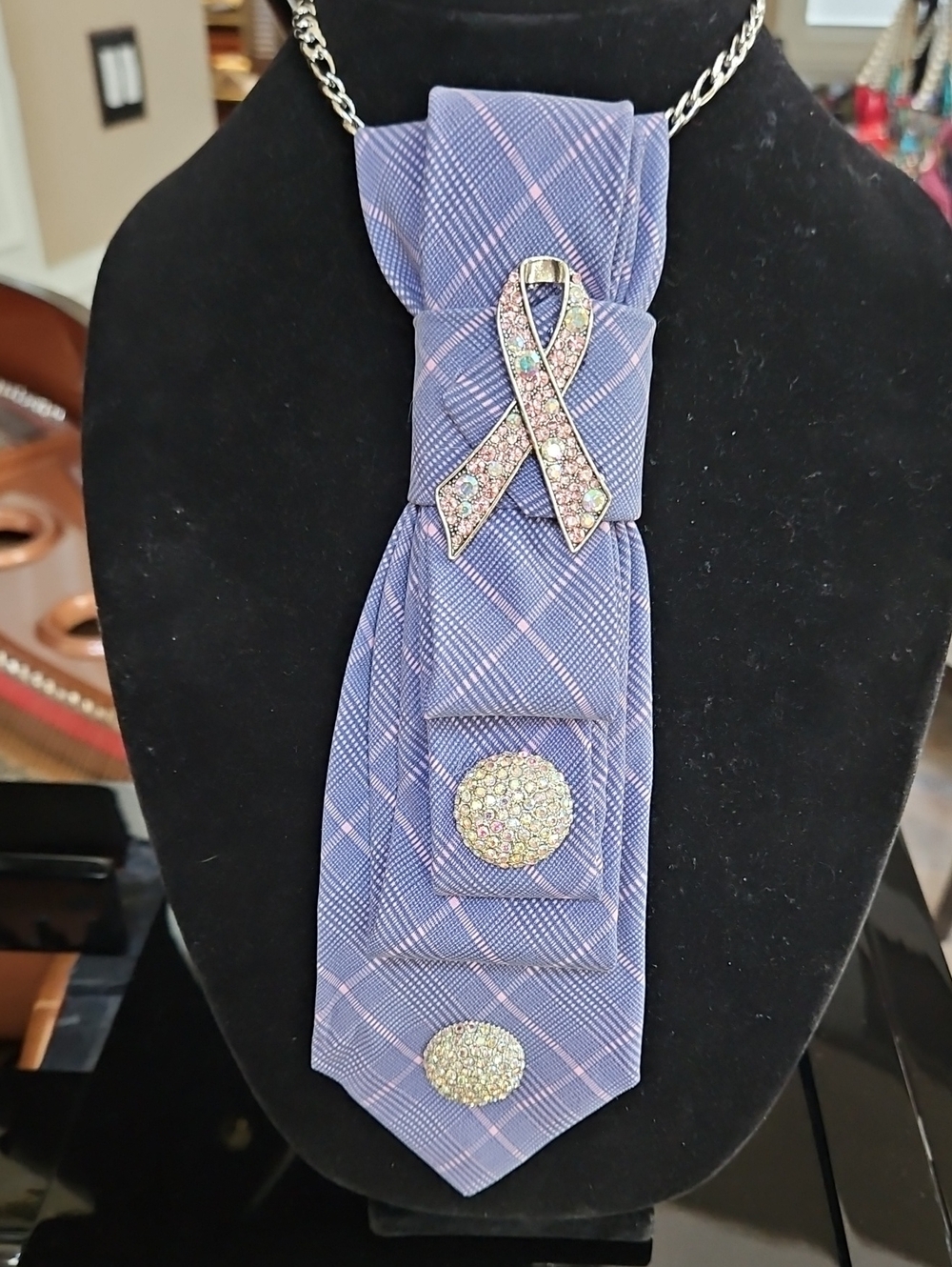 Plaid Necktie Necklace Breast Cancer Awareness Crystal Pendant & Buttons